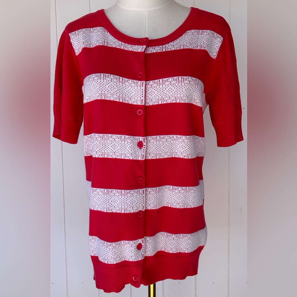 Downeast Women’s Striped Sweater Short Sleeves Salmon & White Size Large